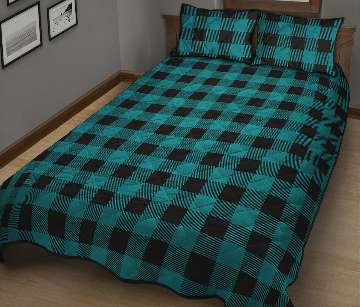 Teal And Black Buffalo Check Print Quilt Bed Set