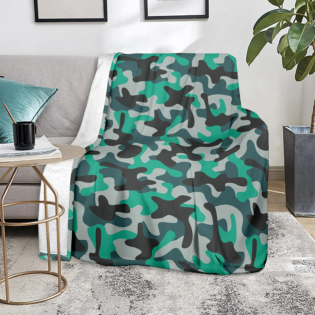 Teal And Black Camouflage Print Blanket