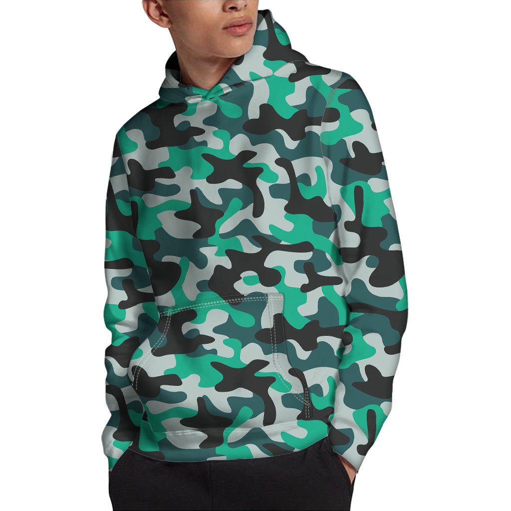 Teal And Black Camouflage Print Pullover Hoodie