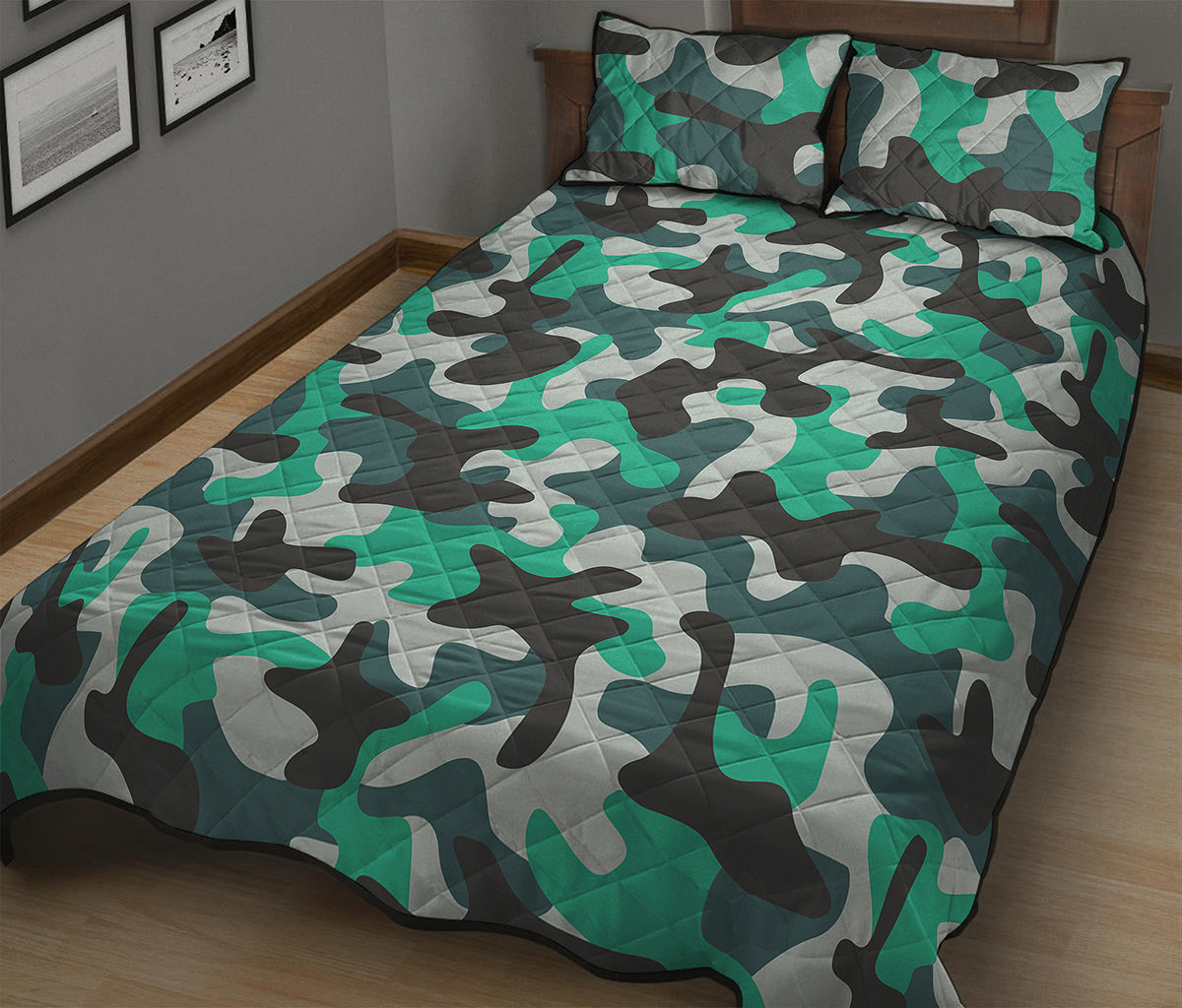 Teal And Black Camouflage Print Quilt Bed Set