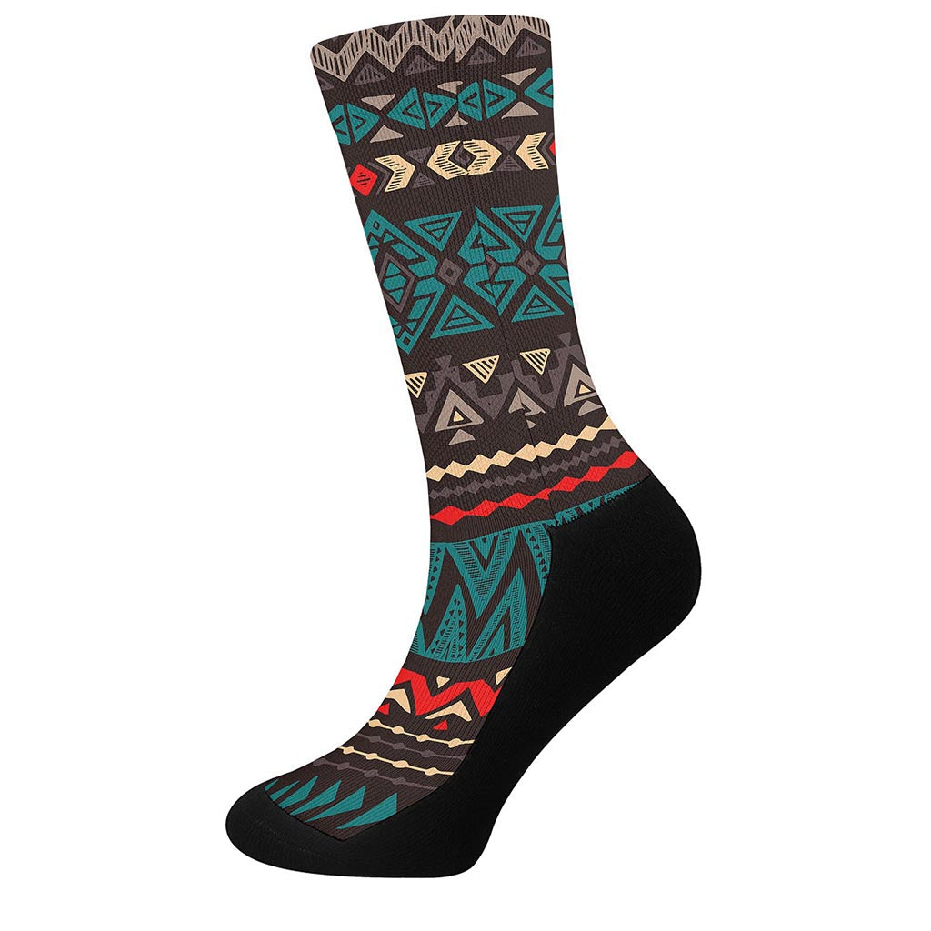 Teal And Brown Aztec Pattern Print Crew Socks