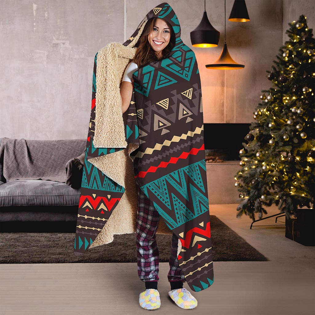 Teal And Brown Aztec Pattern Print Hooded Blanket