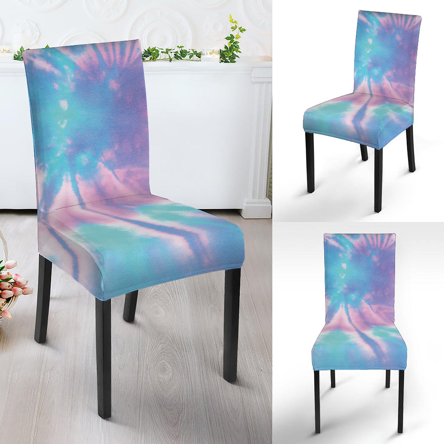 Teal And Pink Tie Dye Print Dining Chair Slipcover
