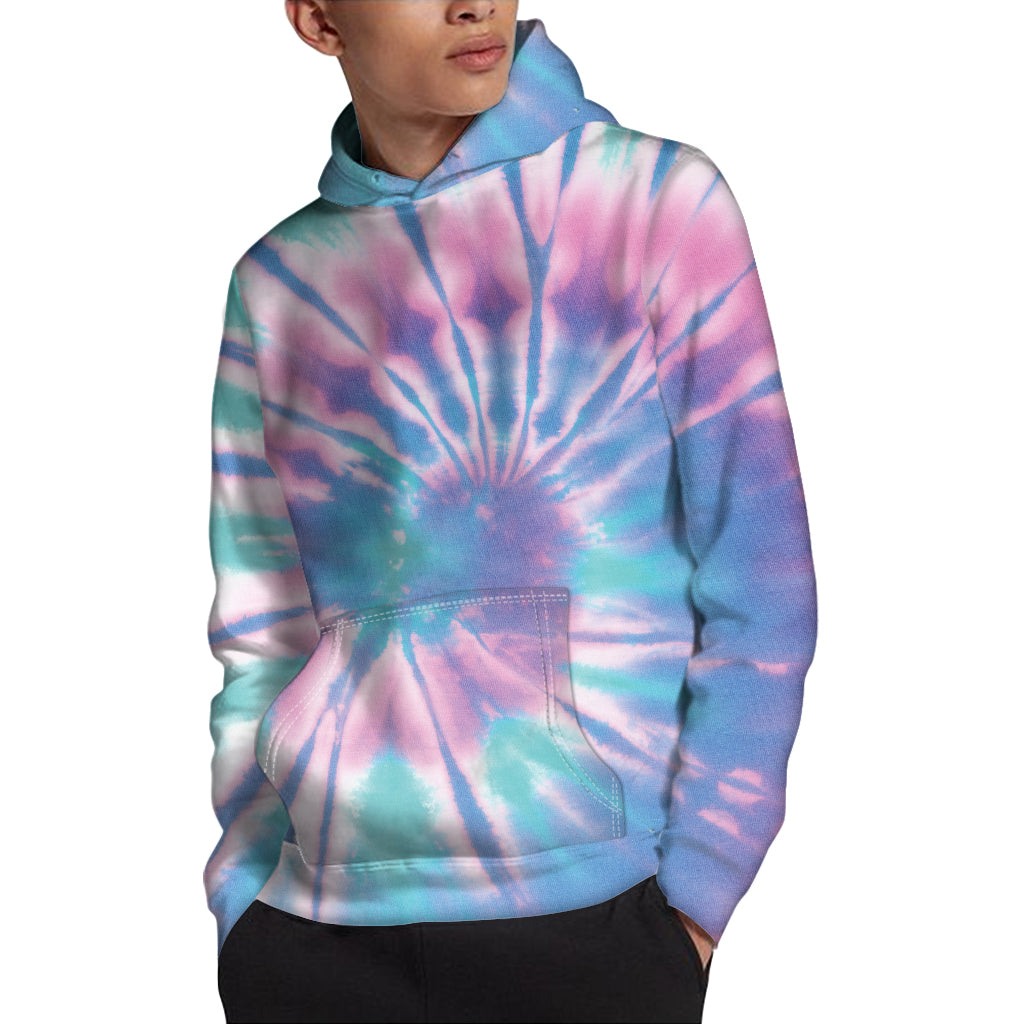 Teal And Pink Tie Dye Print Pullover Hoodie