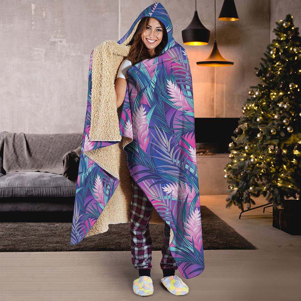 Teal And Pink Tropical Floral Print Hooded Blanket