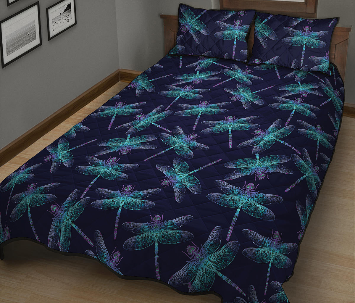 Teal And Purple Dragonfly Pattern Print Quilt Bed Set
