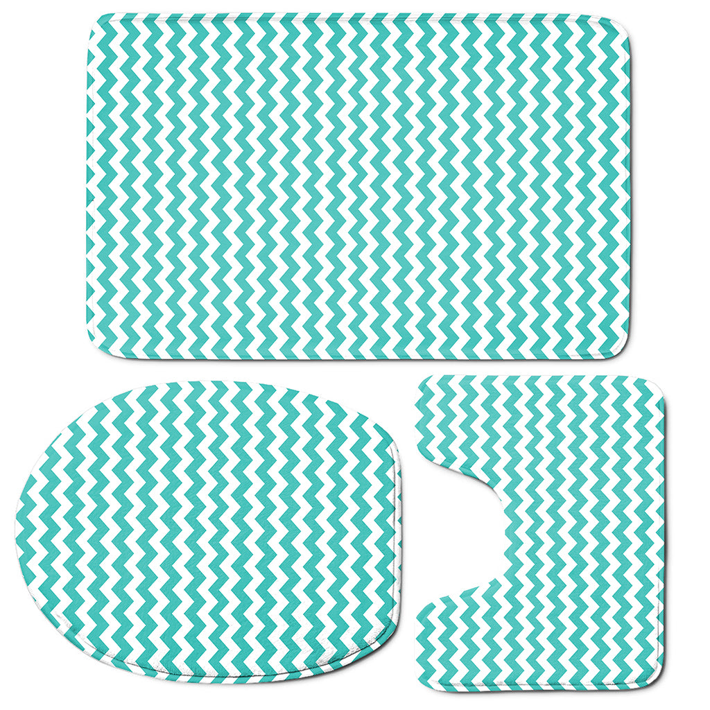 Teal And White Chevron Pattern Print 3 Piece Bath Mat Set