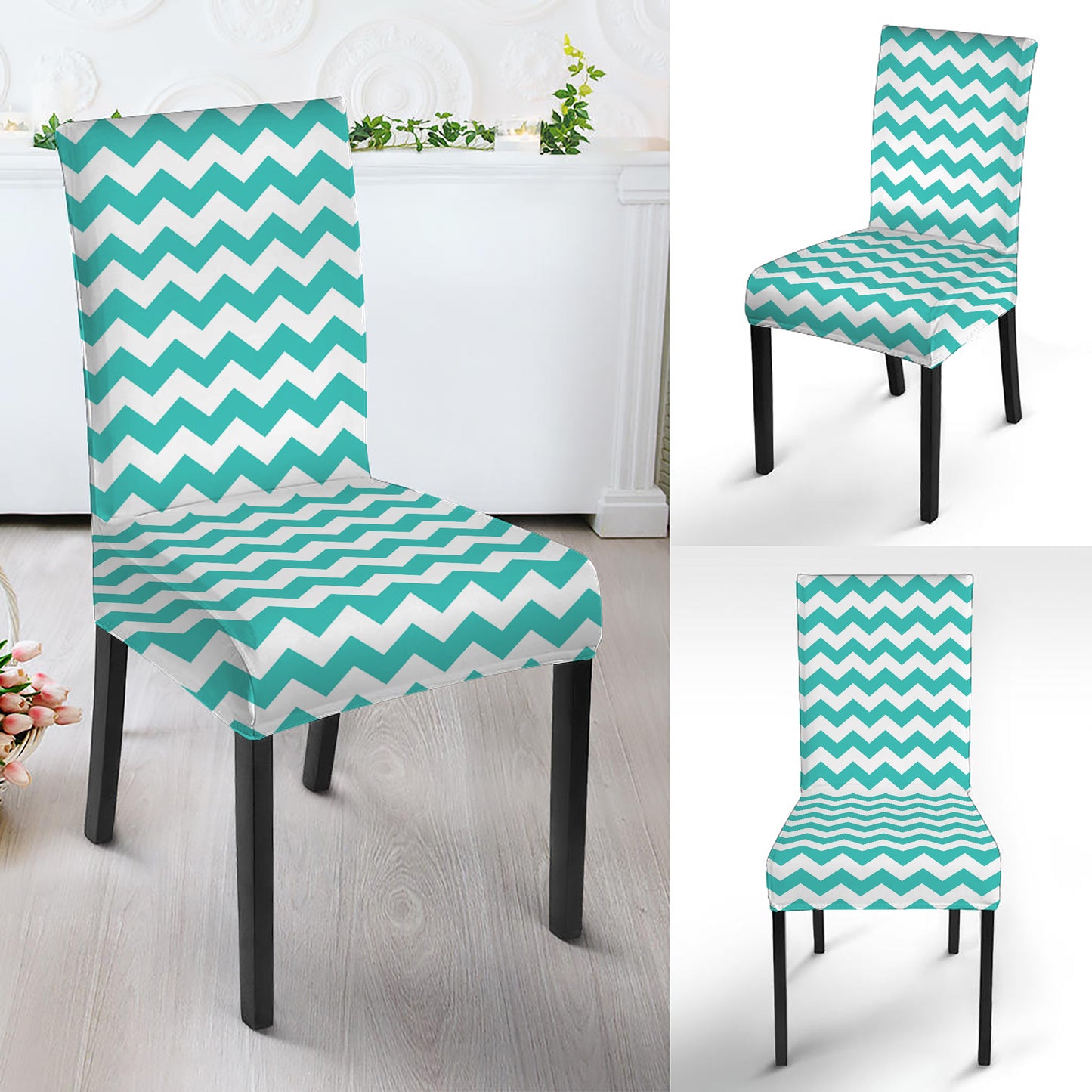 Teal And White Chevron Pattern Print Dining Chair Slipcover