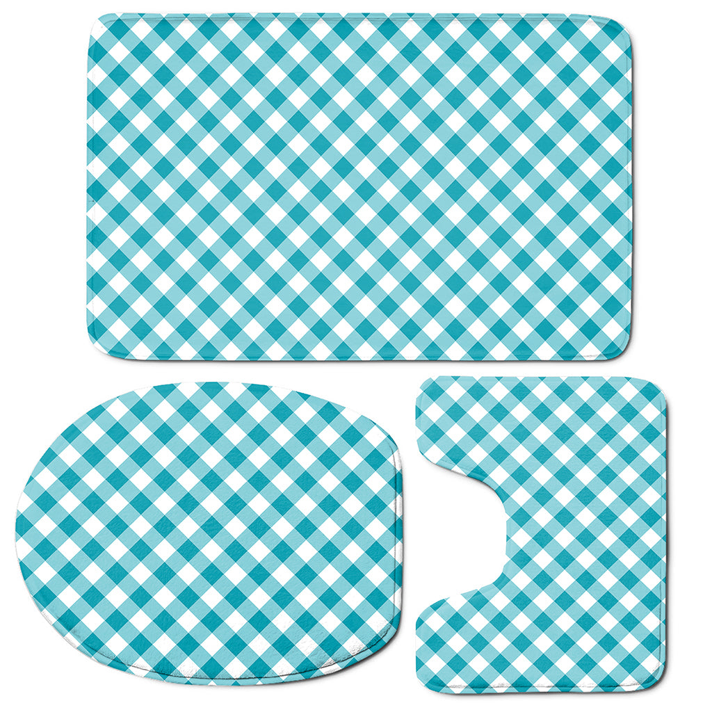 Teal And White Gingham Pattern Print 3 Piece Bath Mat Set