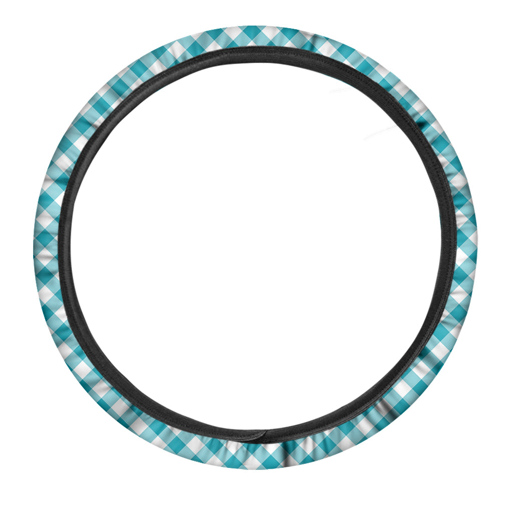 Teal And White Gingham Pattern Print Car Steering Wheel Cover