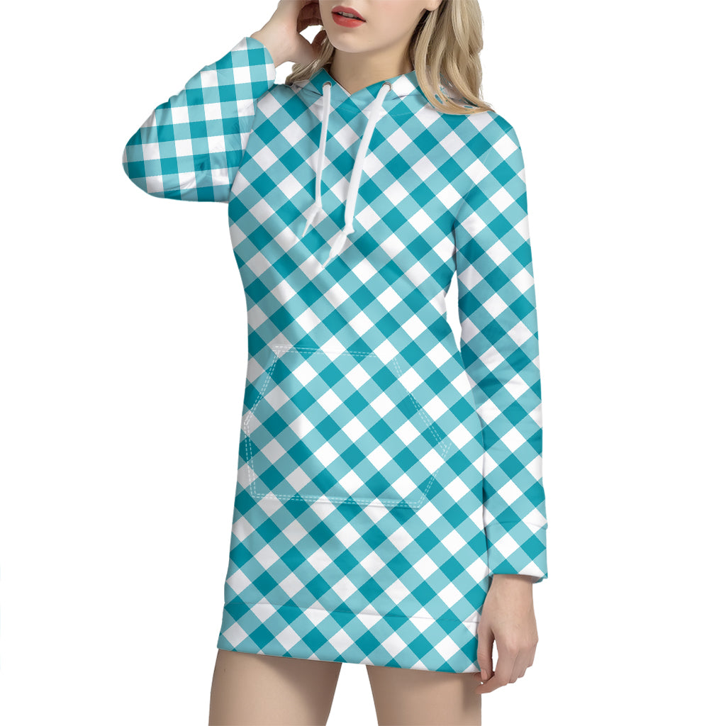 Teal And White Gingham Pattern Print Hoodie Dress