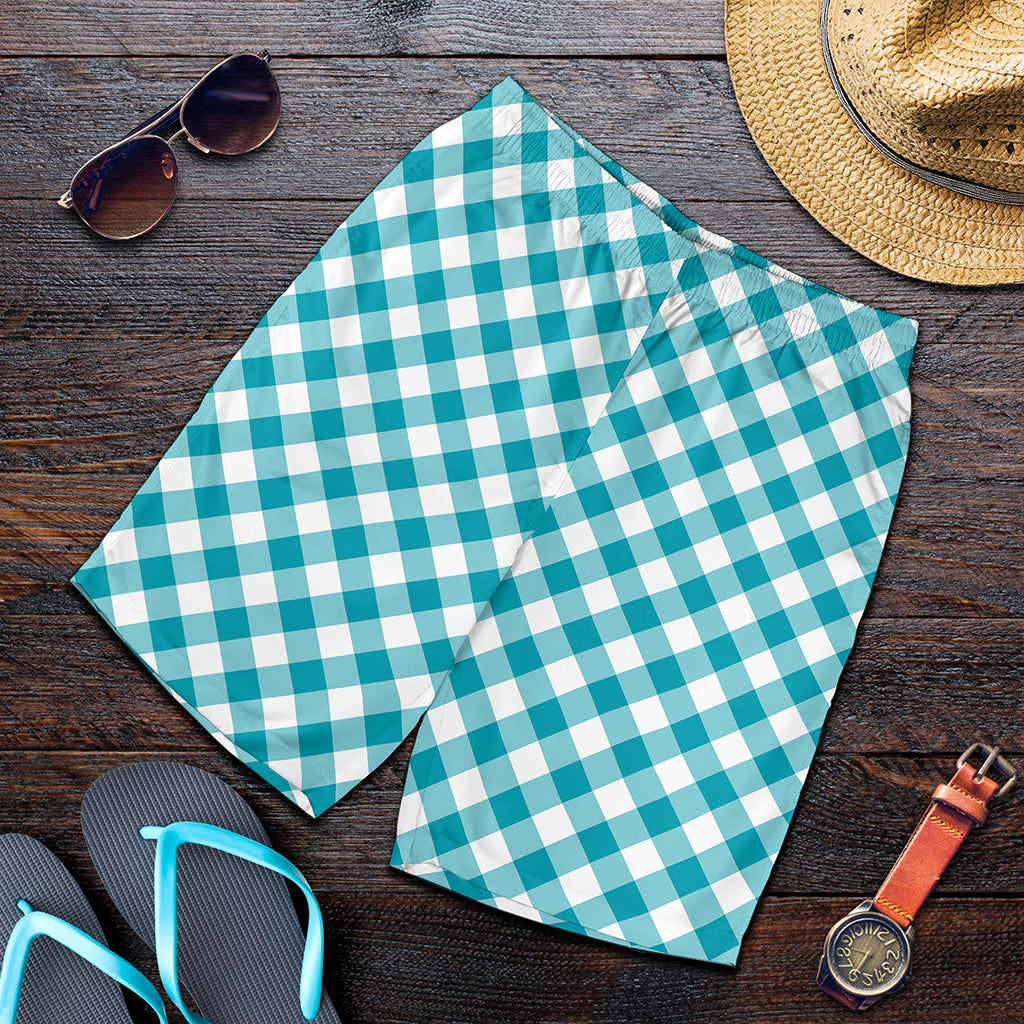 Teal And White Gingham Pattern Print Men's Shorts