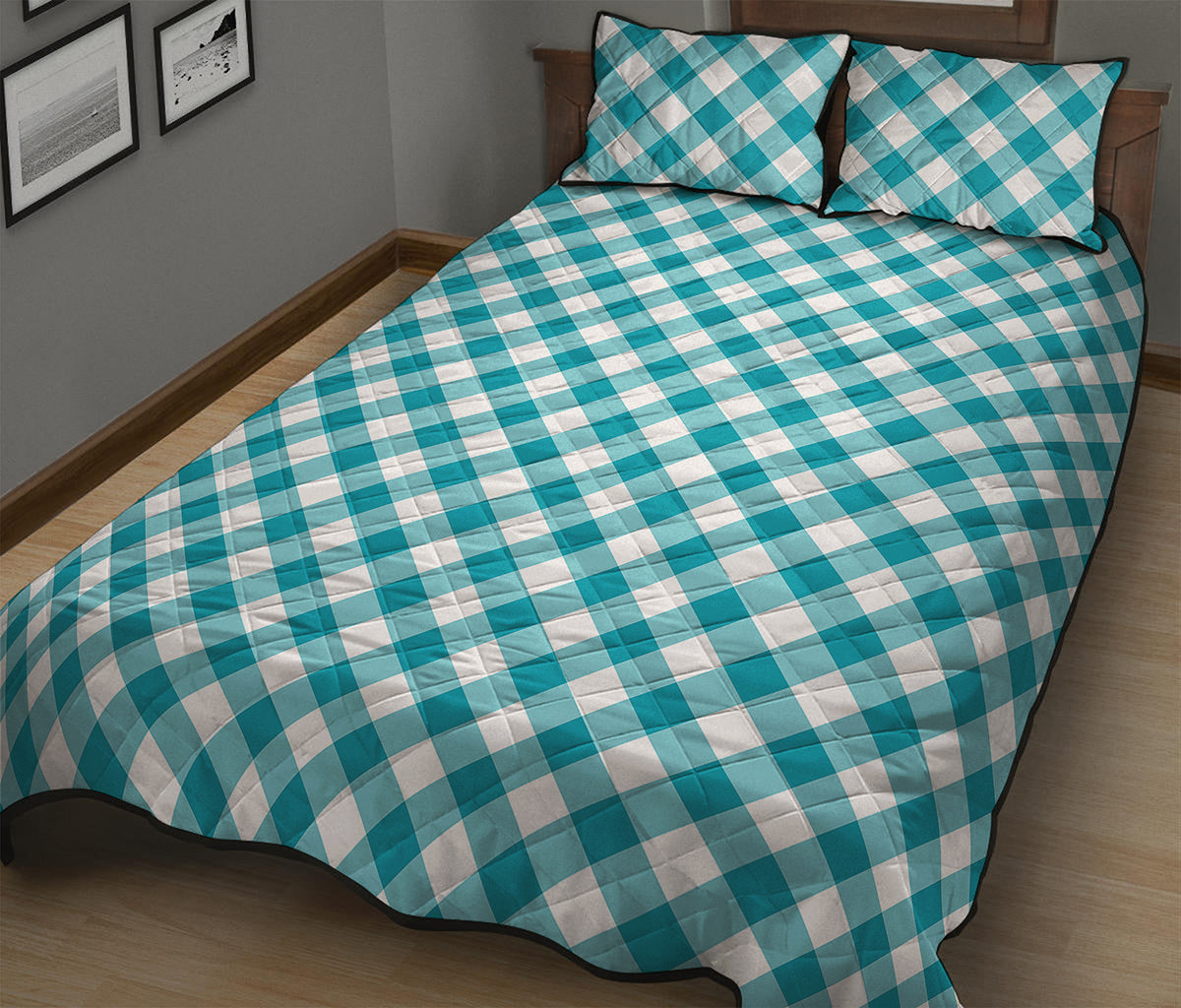 Teal And White Gingham Pattern Print Quilt Bed Set