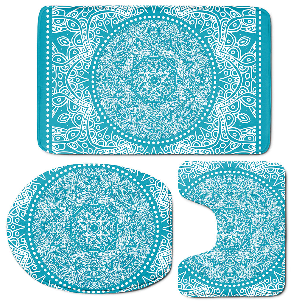 Teal And White Mandala Print 3 Piece Bath Mat Set