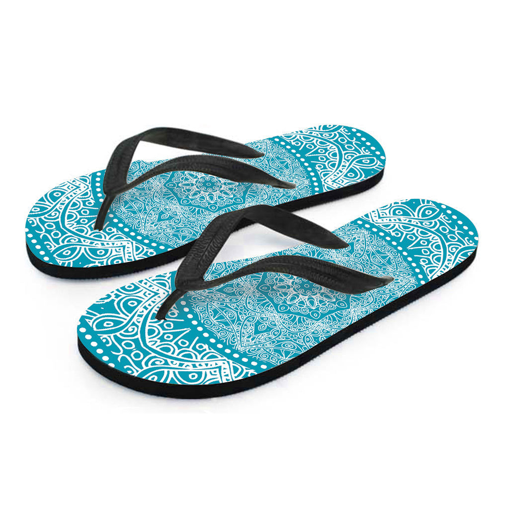 Teal And White Mandala Print Flip Flops