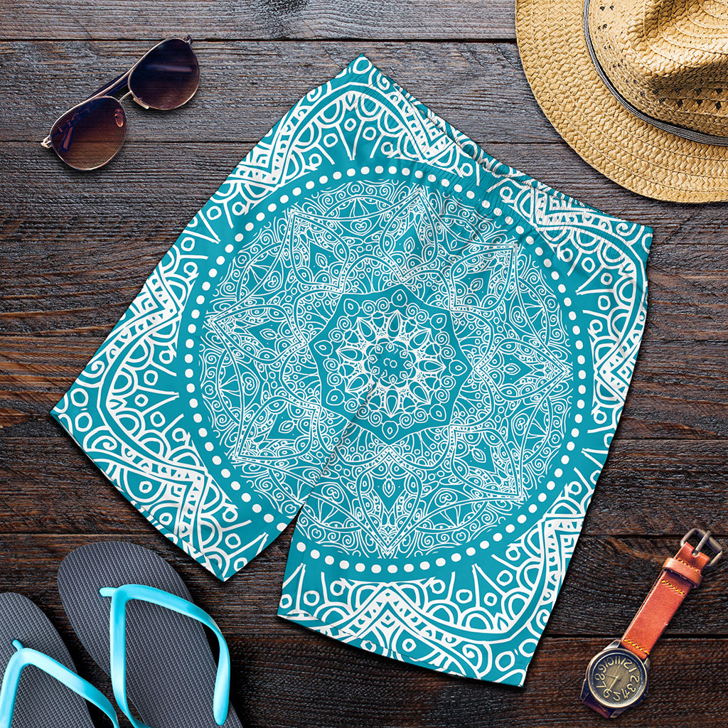 Teal And White Mandala Print Men's Shorts