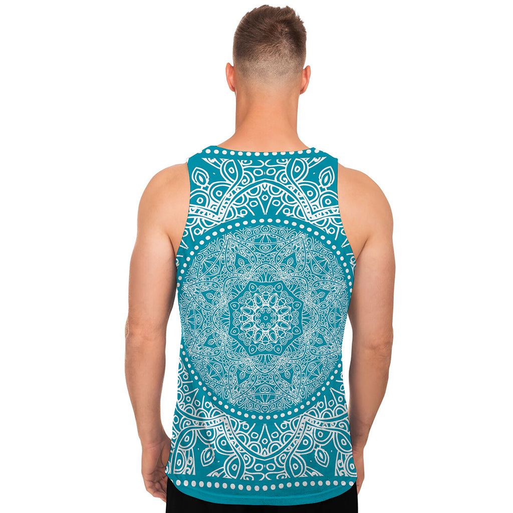 Teal And White Mandala Print Men's Tank Top