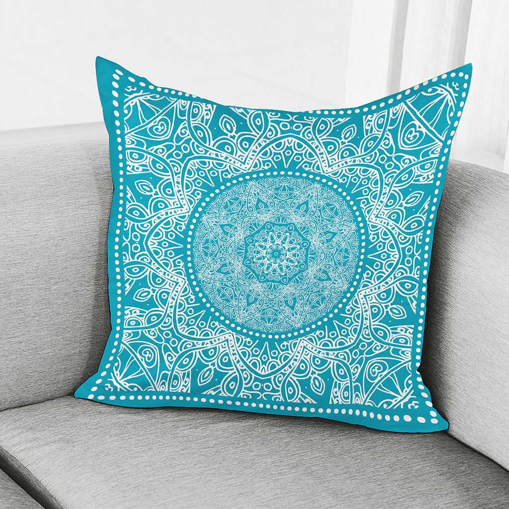 Teal And White Mandala Print Pillow Cover