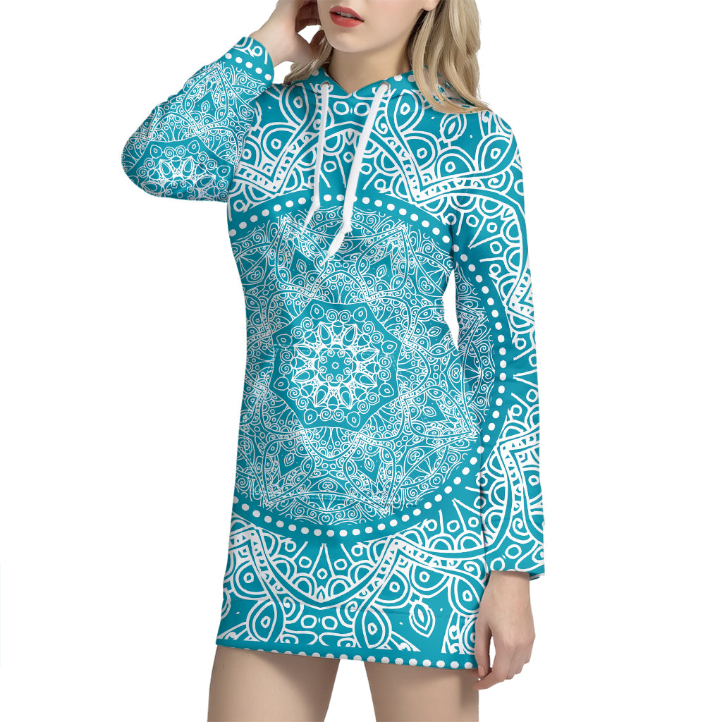 Teal And White Mandala Print Pullover Hoodie Dress