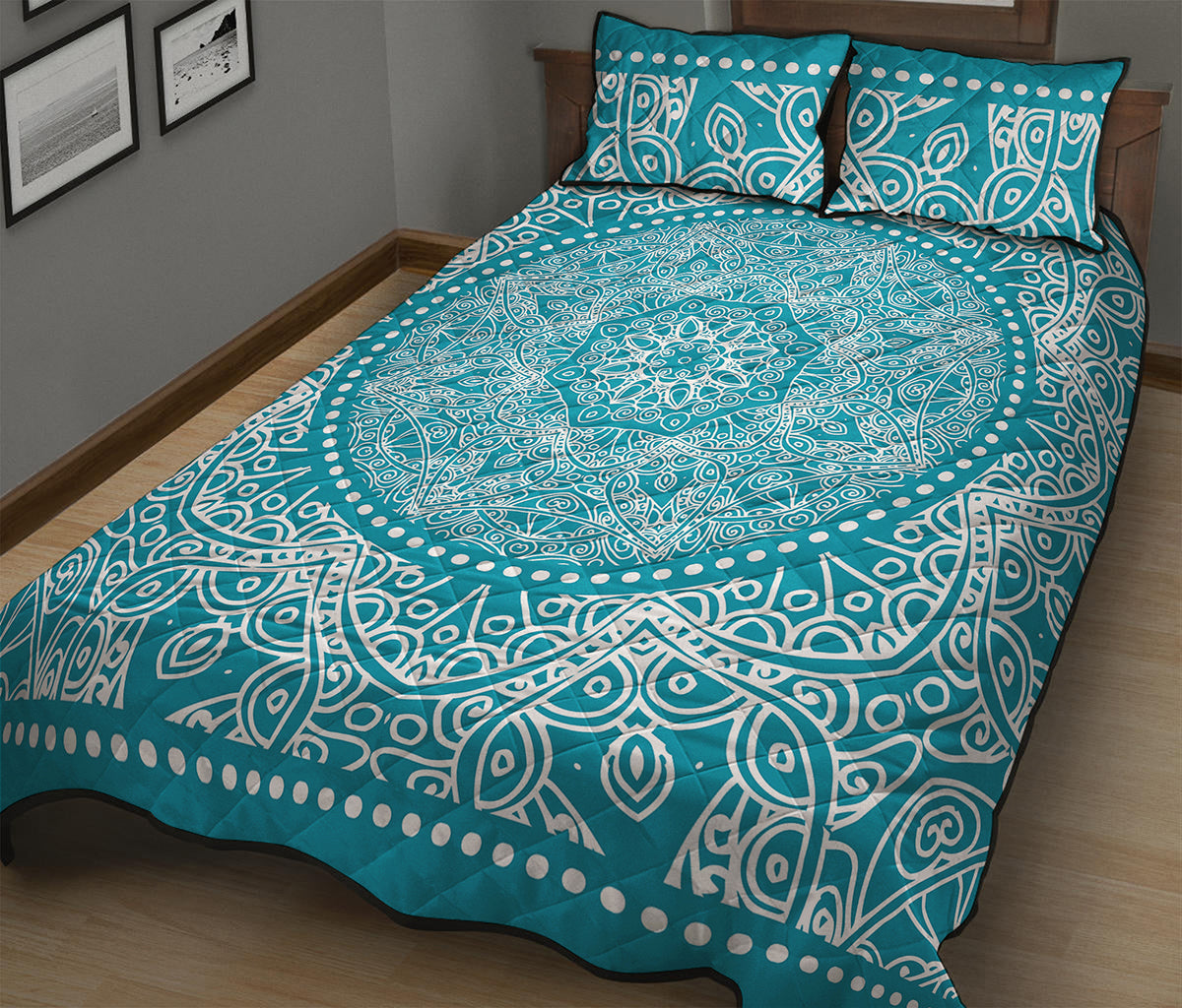 Teal And White Mandala Print Quilt Bed Set