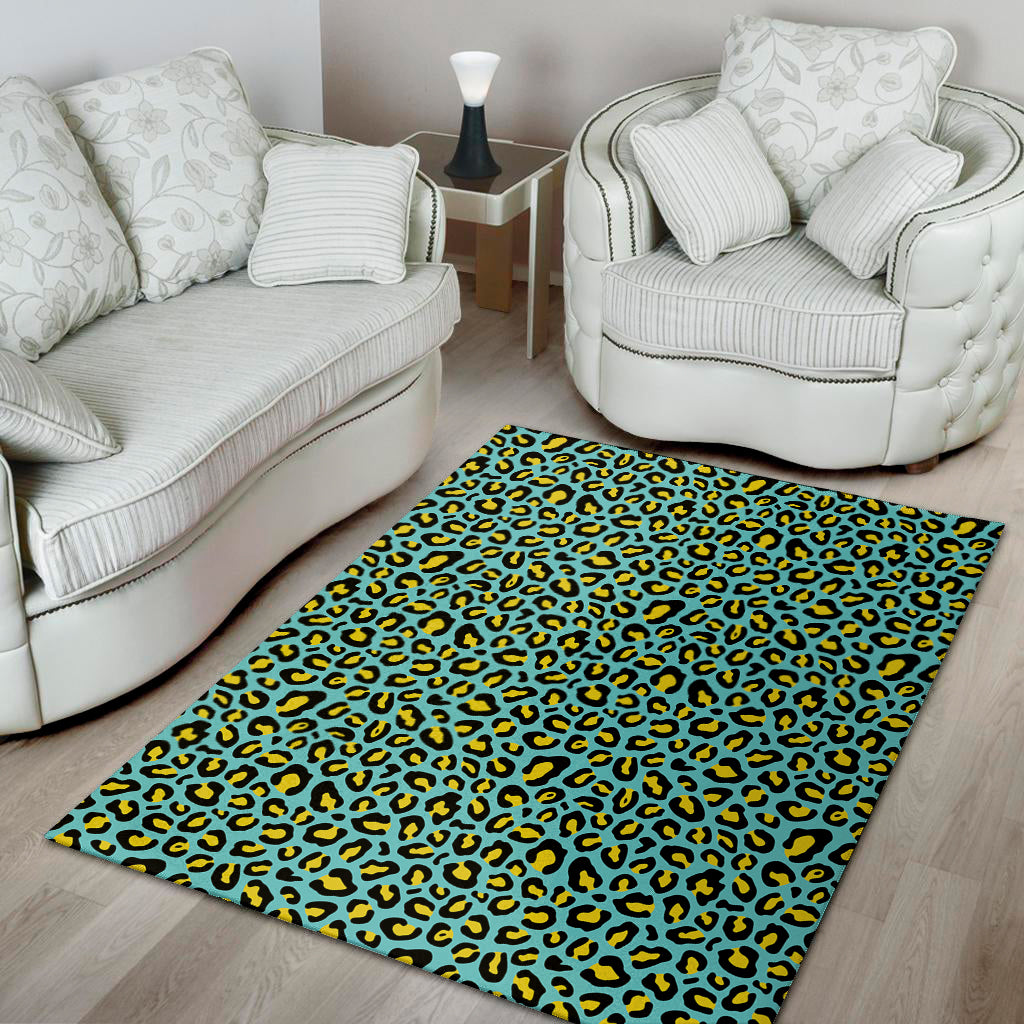 Teal And Yellow Leopard Pattern Print Area Rug
