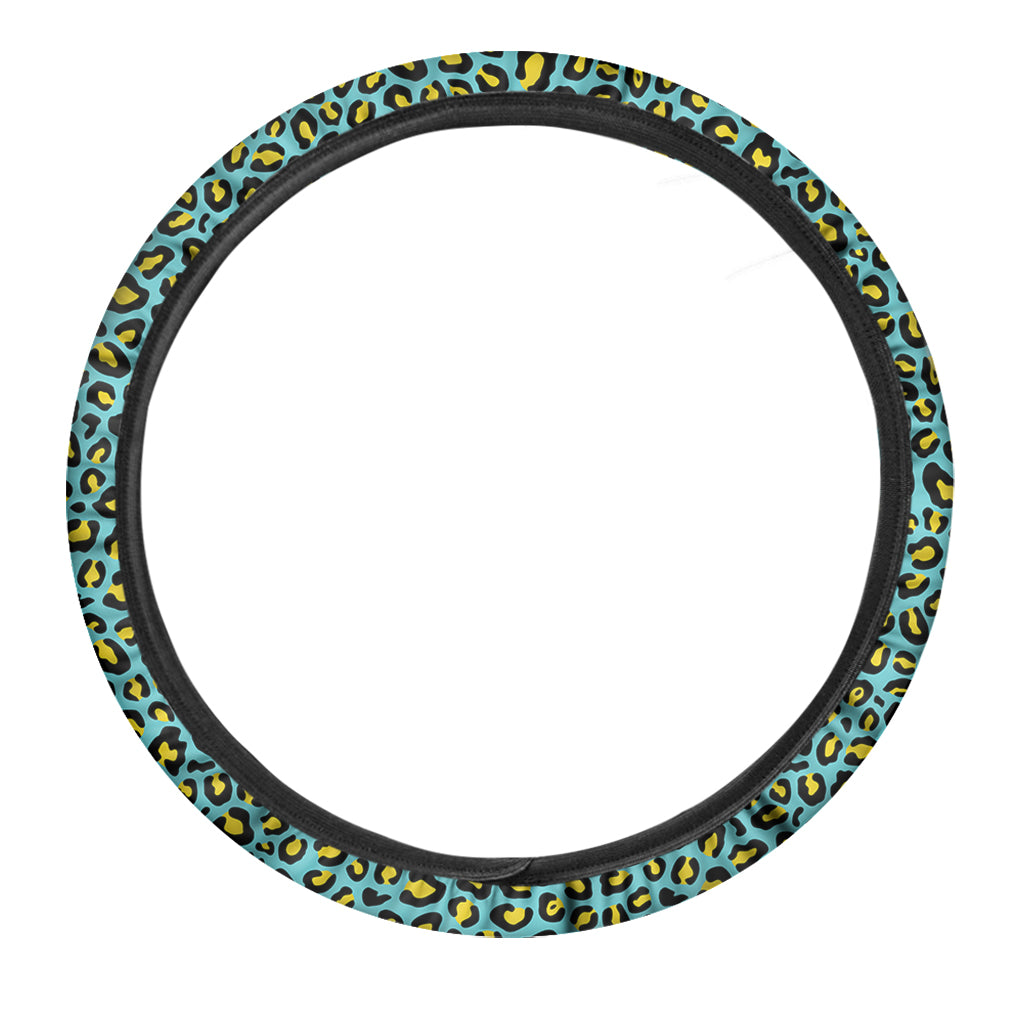 Teal And Yellow Leopard Pattern Print Car Steering Wheel Cover