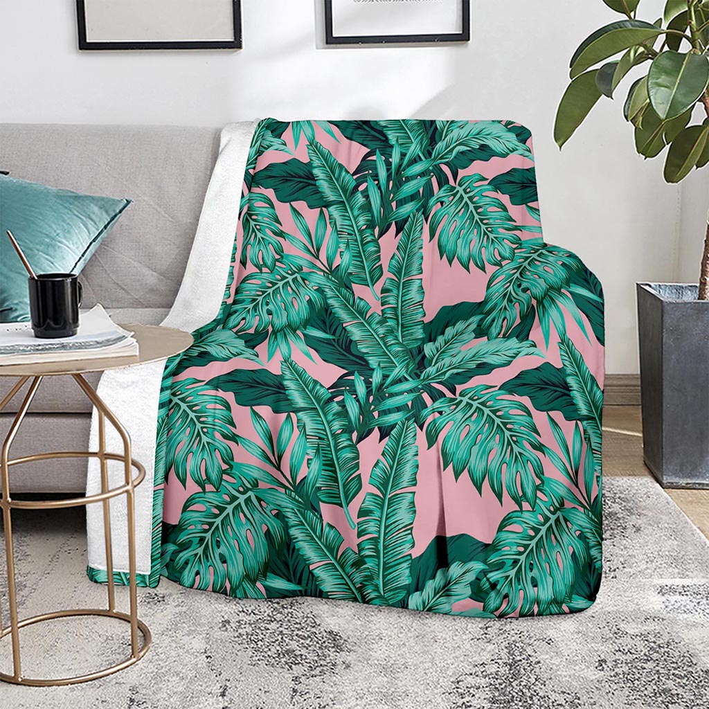 Teal Banana Leaves Pattern Print Blanket