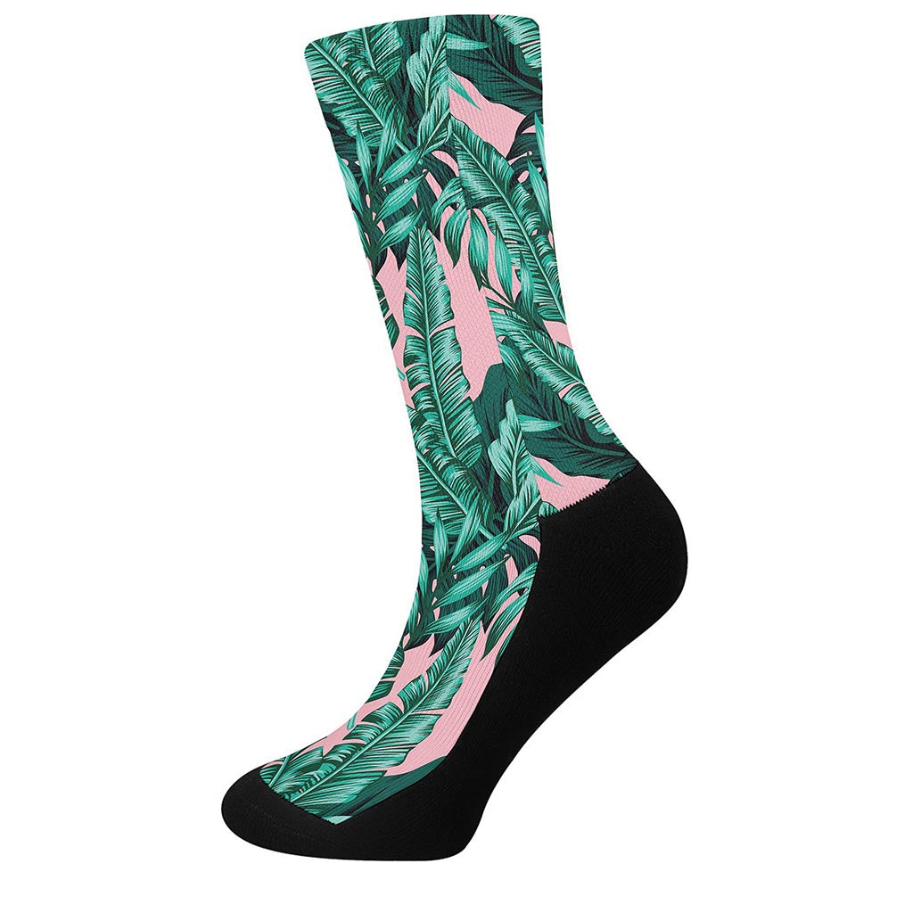 Teal Banana Leaves Pattern Print Crew Socks