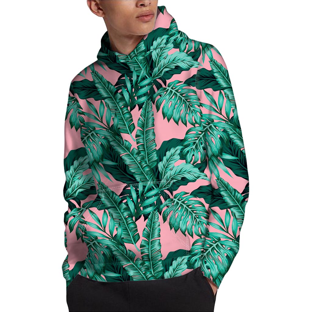 Teal Banana Leaves Pattern Print Pullover Hoodie