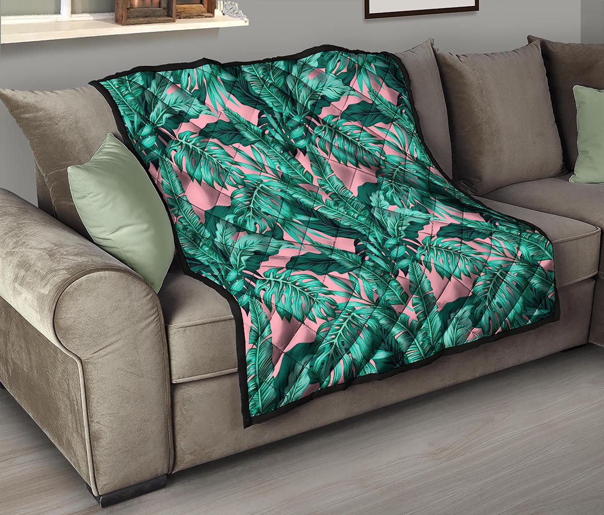 Teal Banana Leaves Pattern Print Quilt