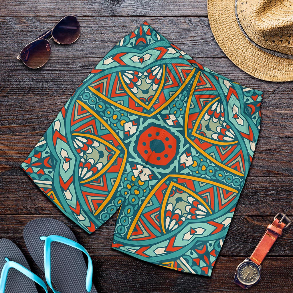 Teal Bohemian Mandala Pattern Print Men's Shorts