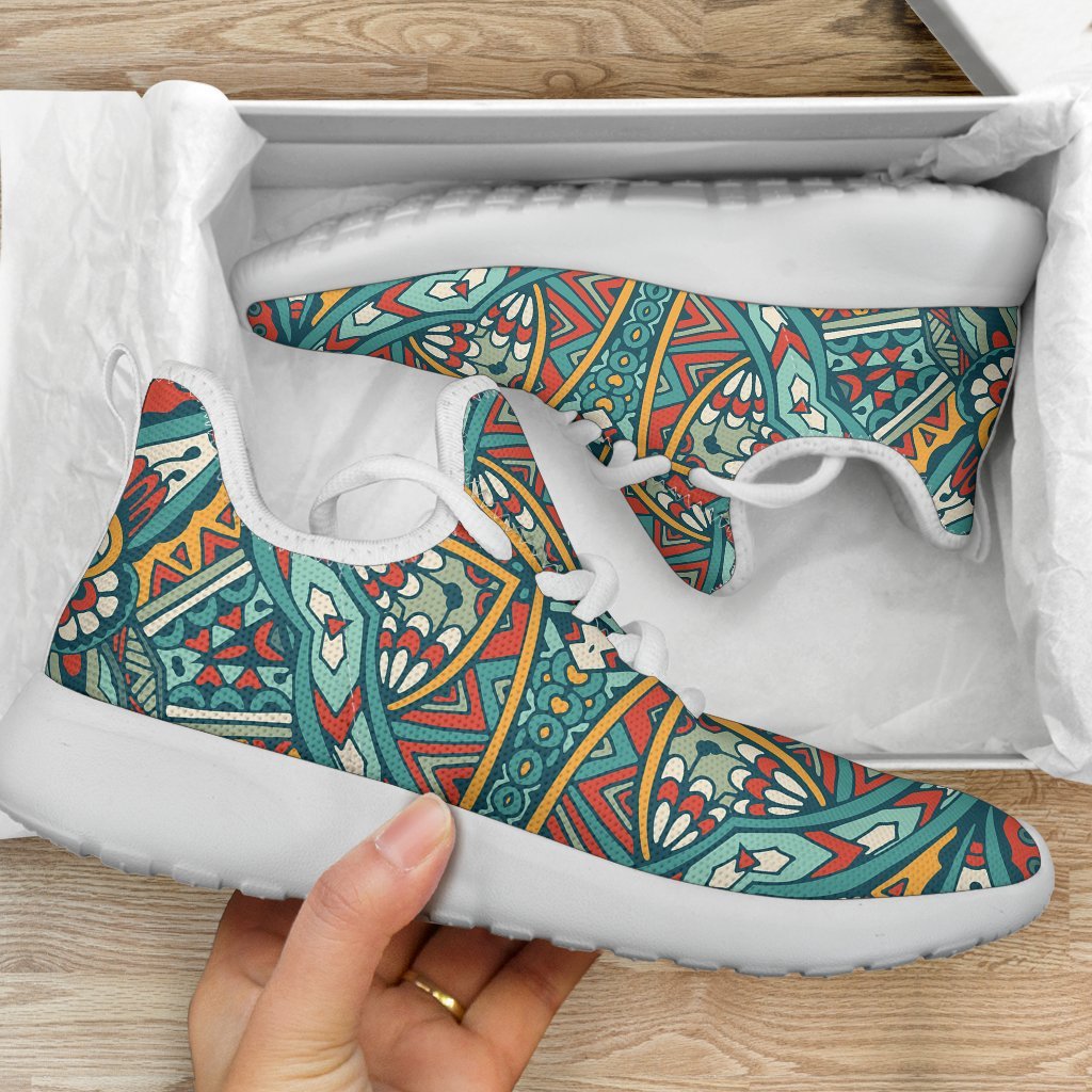 Teal Bohemian Mandala Pattern Print Mesh Knit Shoes GearFrost