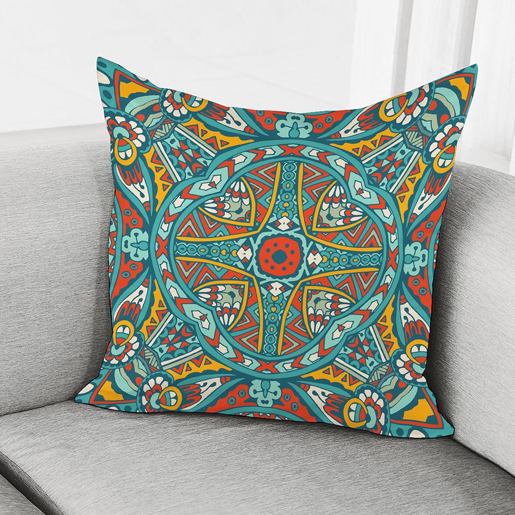 Teal Bohemian Mandala Pattern Print Pillow Cover