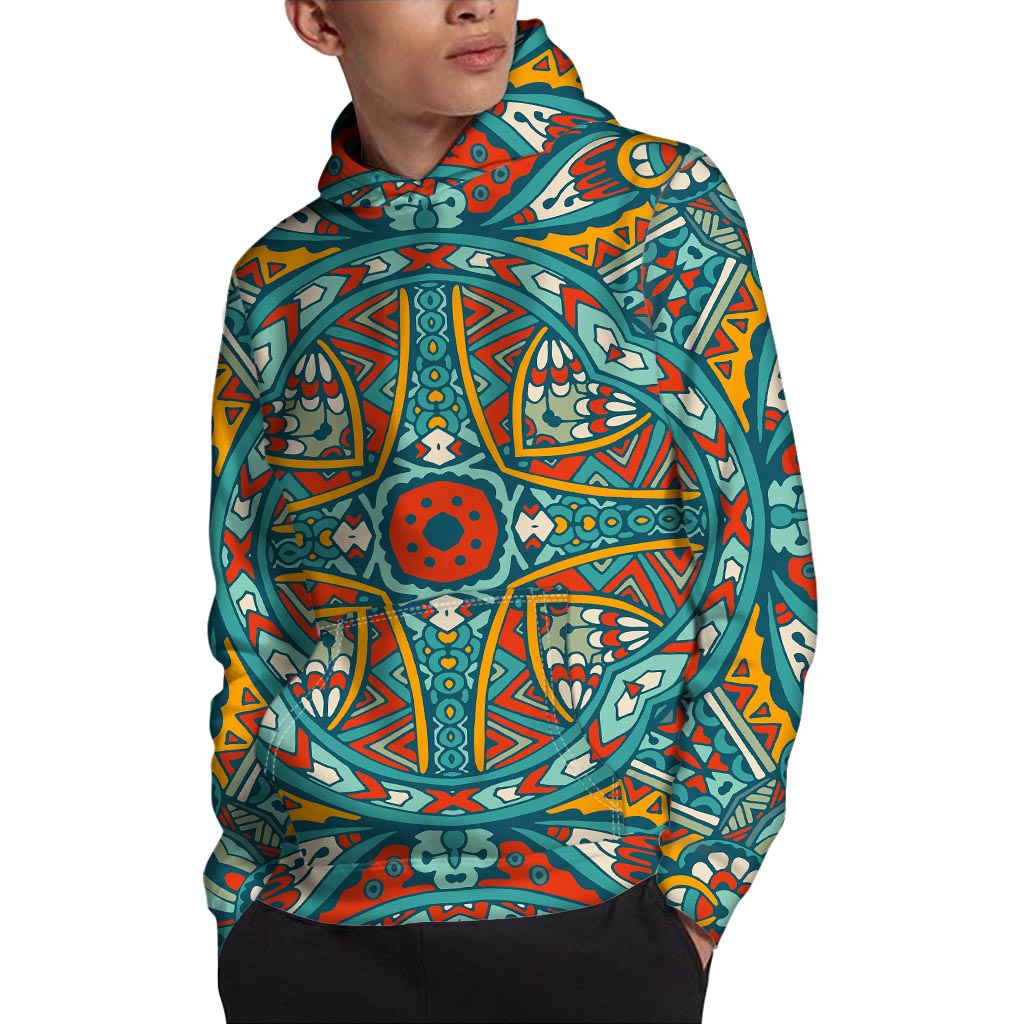 Teal Bohemian Mandala Pattern Print Pullover Hoodie