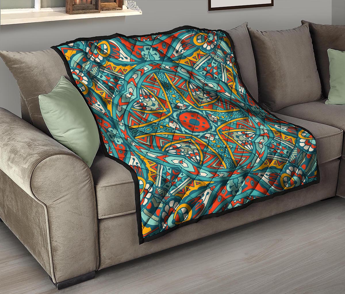 Teal Bohemian Mandala Pattern Print Quilt