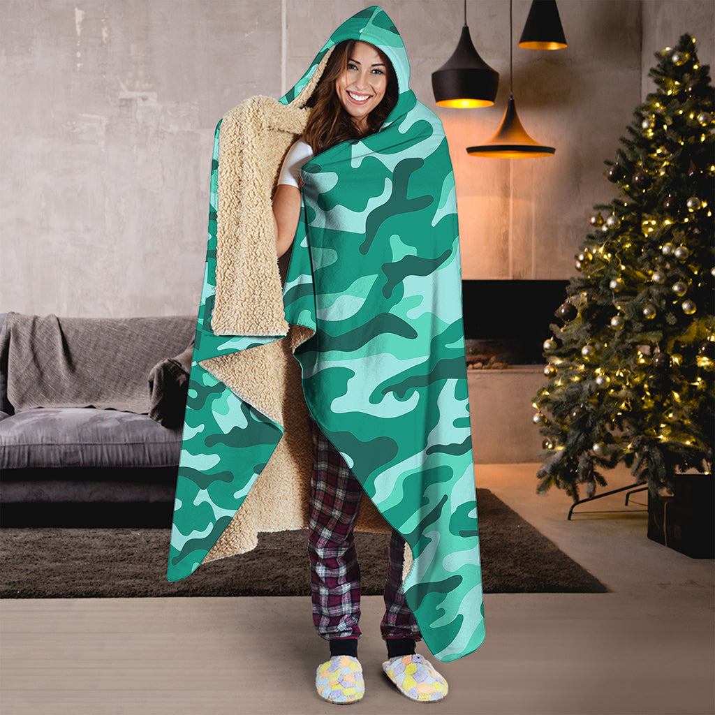 Teal Camouflage Print Hooded Blanket