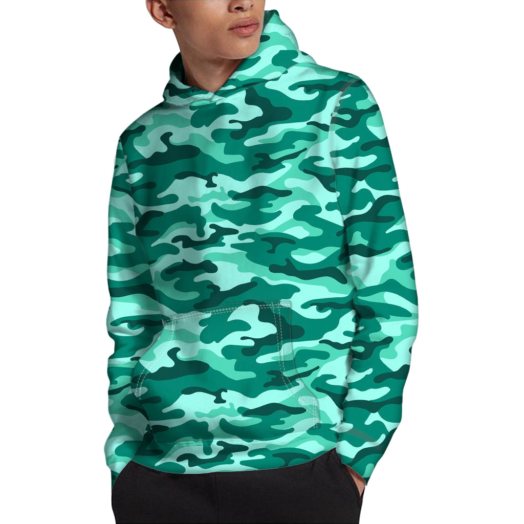 Teal Camouflage Print Pullover Hoodie