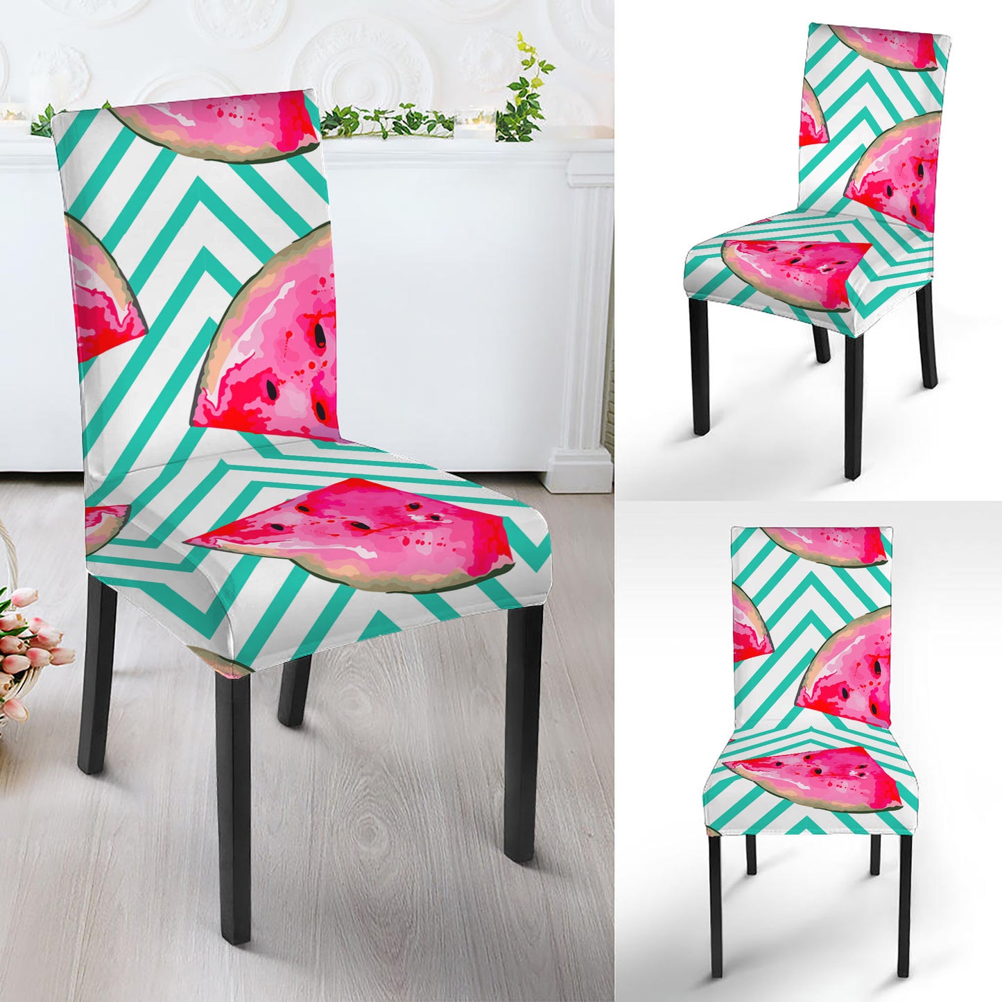 Teal Chevron Watermelon Pattern Print Dining Chair Slipcover