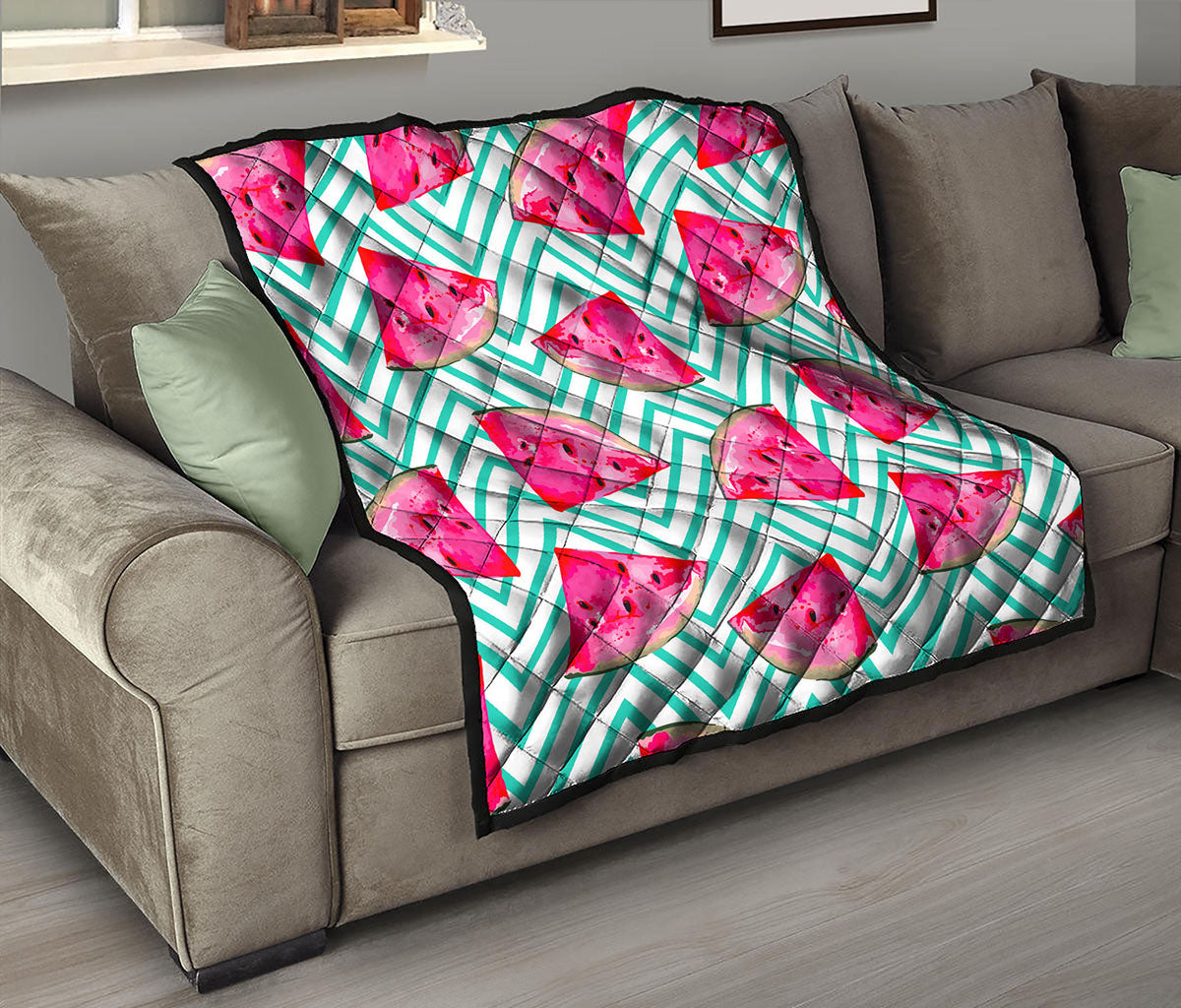 Teal Chevron Watermelon Pattern Print Quilt