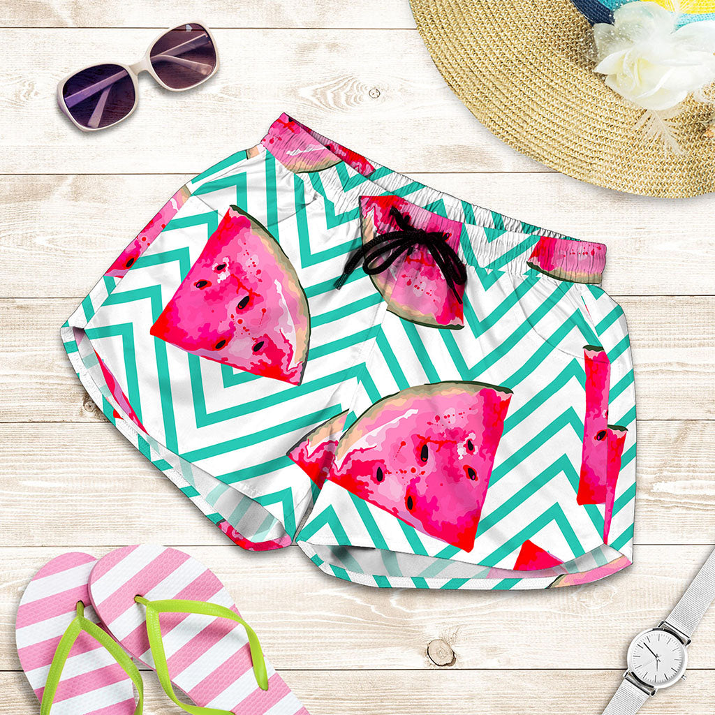 Teal Chevron Watermelon Pattern Print Women's Shorts