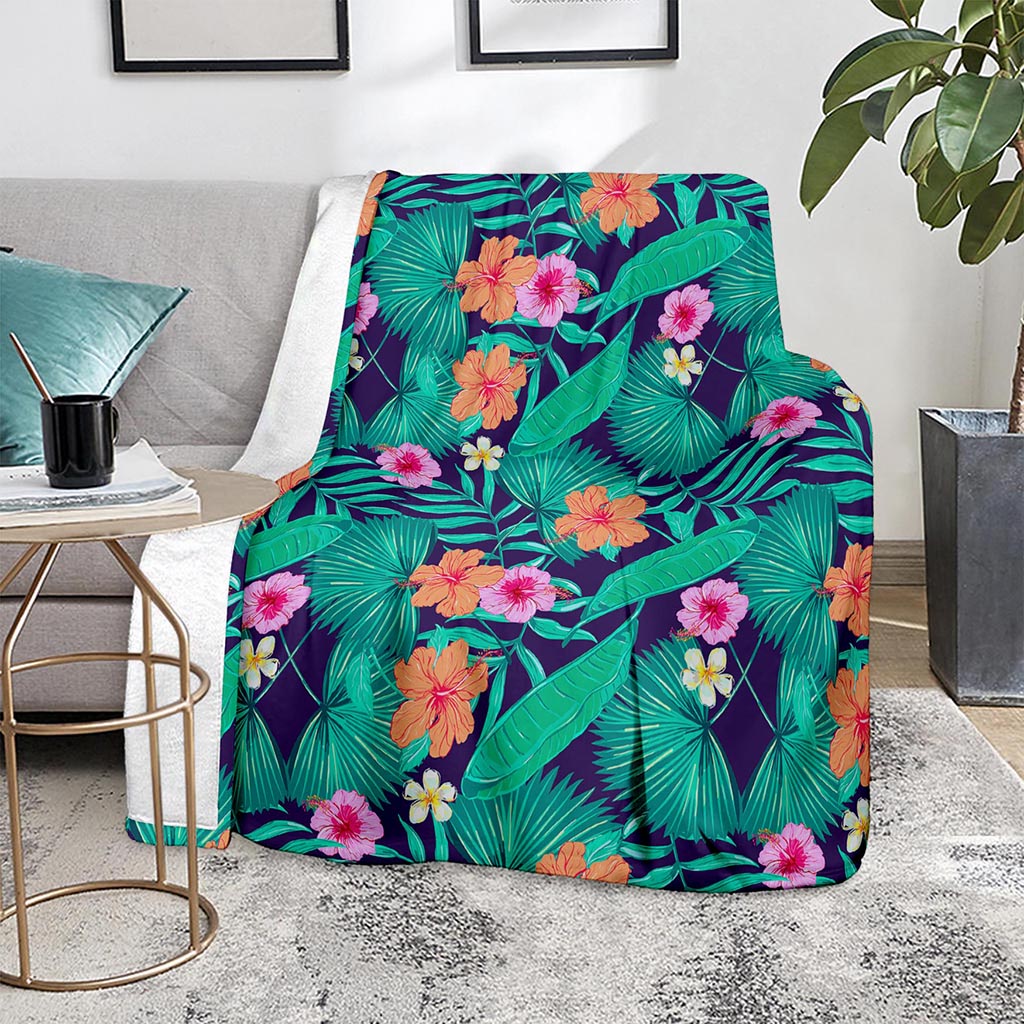 Teal Hawaiian Leaf Flower Pattern Print Blanket
