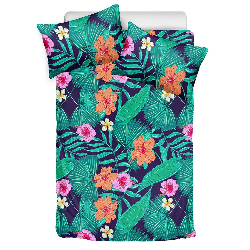 Teal Hawaiian Leaf Flower Pattern Print Duvet Cover Bedding Set
