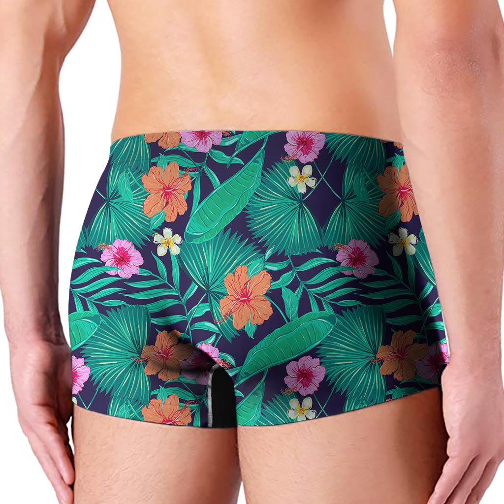 Teal Hawaiian Leaf Flower Pattern Print Men's Boxer Briefs