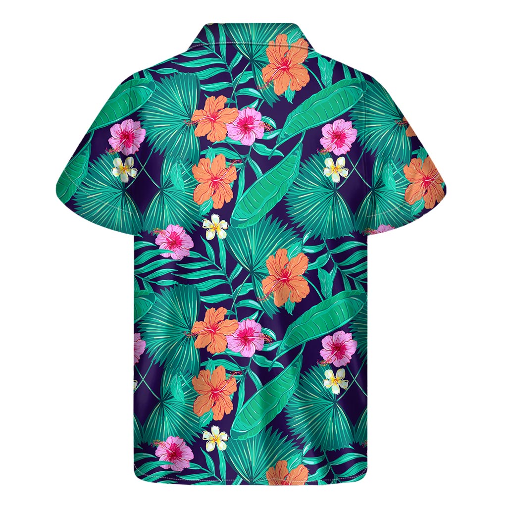 Teal Hawaiian Leaf Flower Pattern Print Men's Short Sleeve Shirt