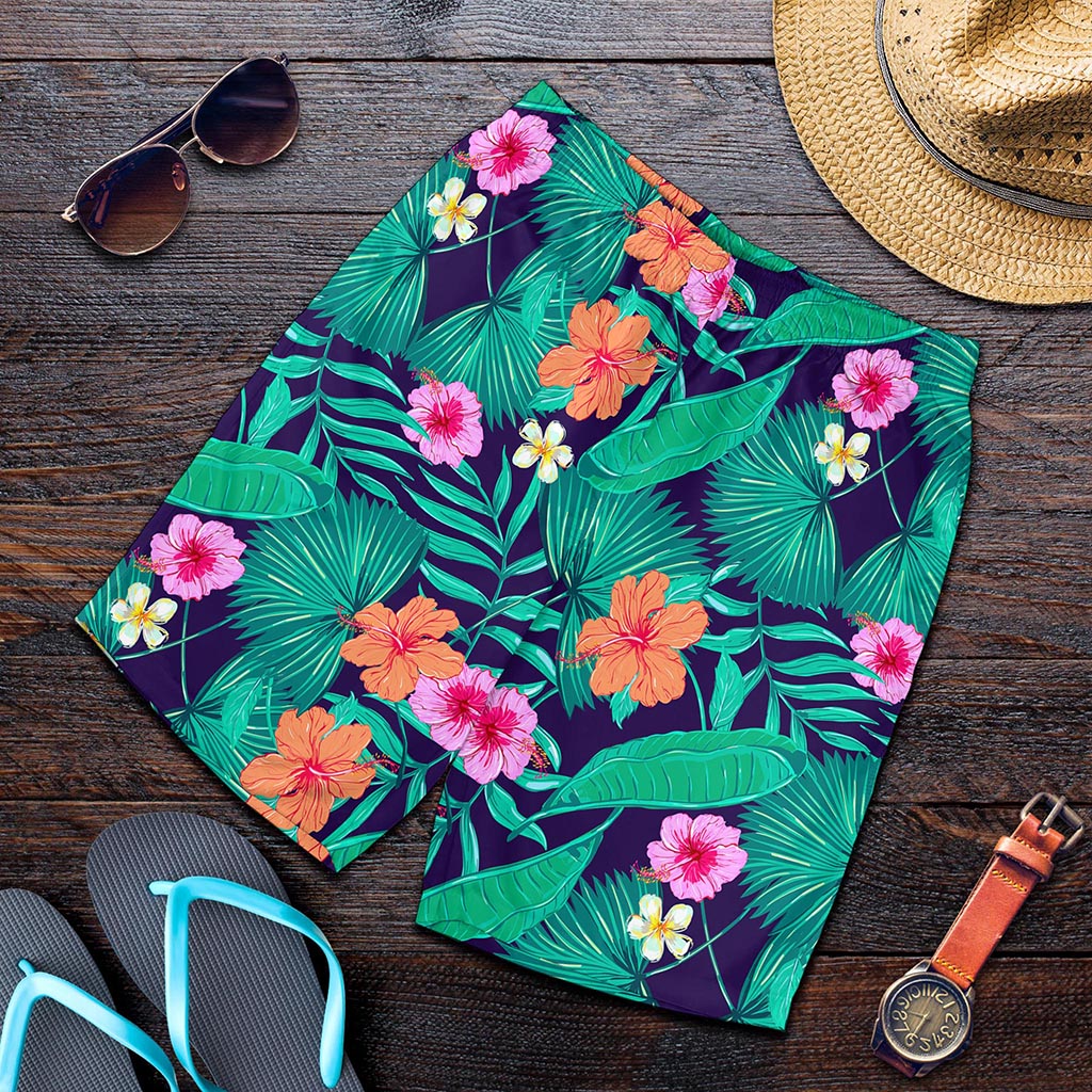 Teal Hawaiian Leaf Flower Pattern Print Men's Shorts