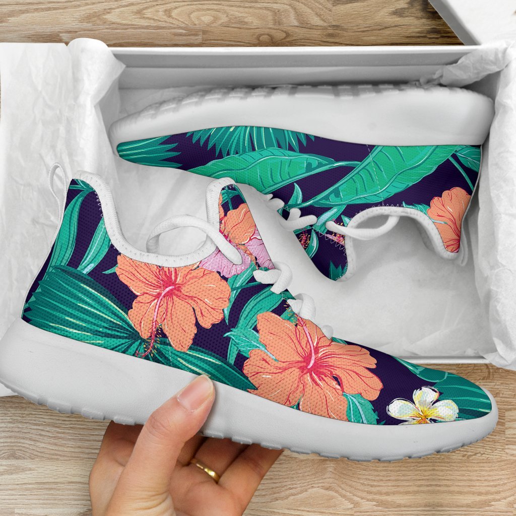 Teal Hawaiian Leaf Flower Pattern Print Mesh Knit Shoes GearFrost