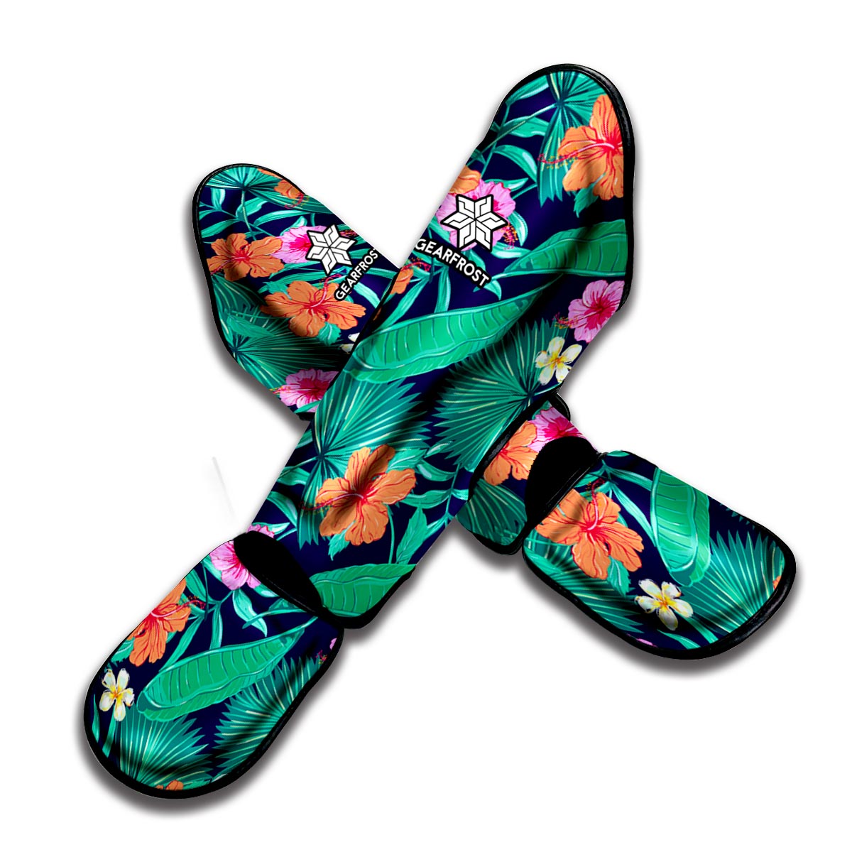 Teal Hawaiian Leaf Flower Pattern Print Muay Thai Shin Guard