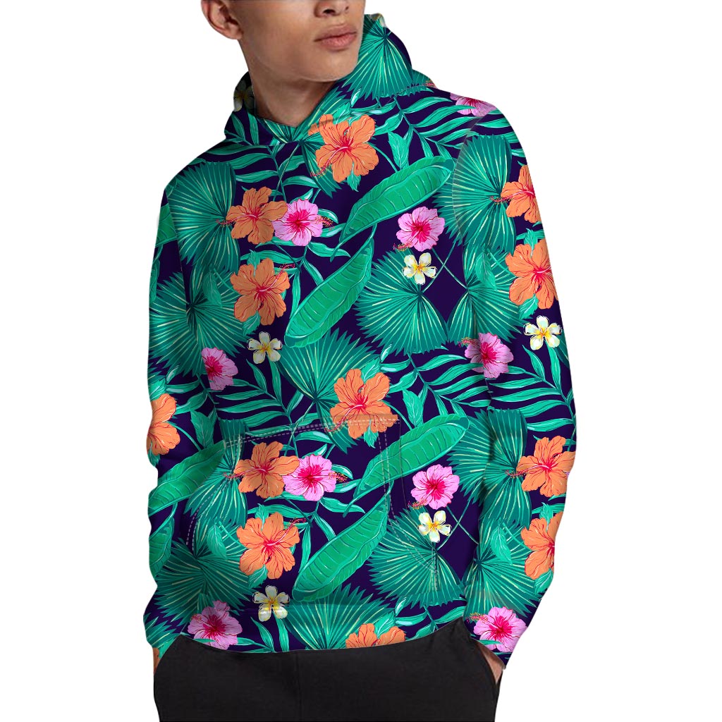 Teal Hawaiian Leaf Flower Pattern Print Pullover Hoodie
