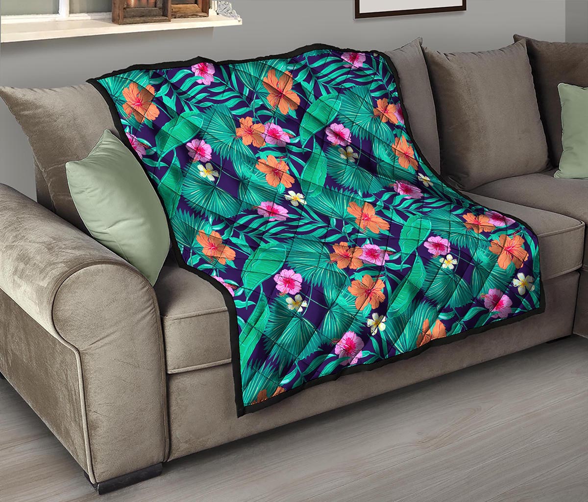 Teal Hawaiian Leaf Flower Pattern Print Quilt