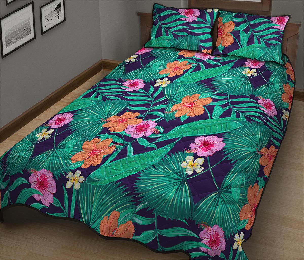 Teal Hawaiian Leaf Flower Pattern Print Quilt Bed Set